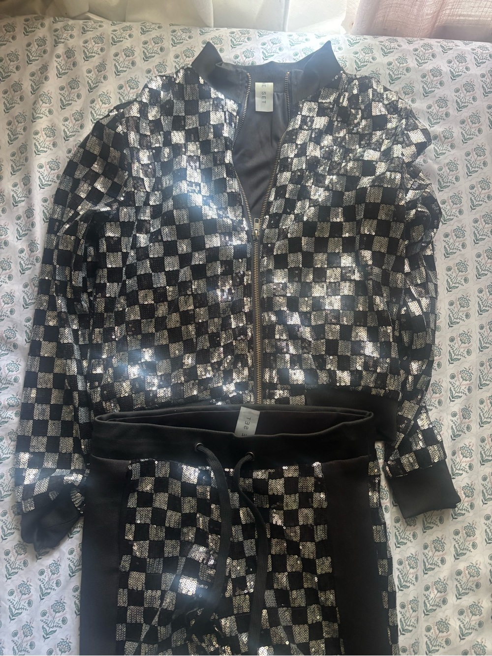 Sequin Checker Bomber Jacket in Black & Silver